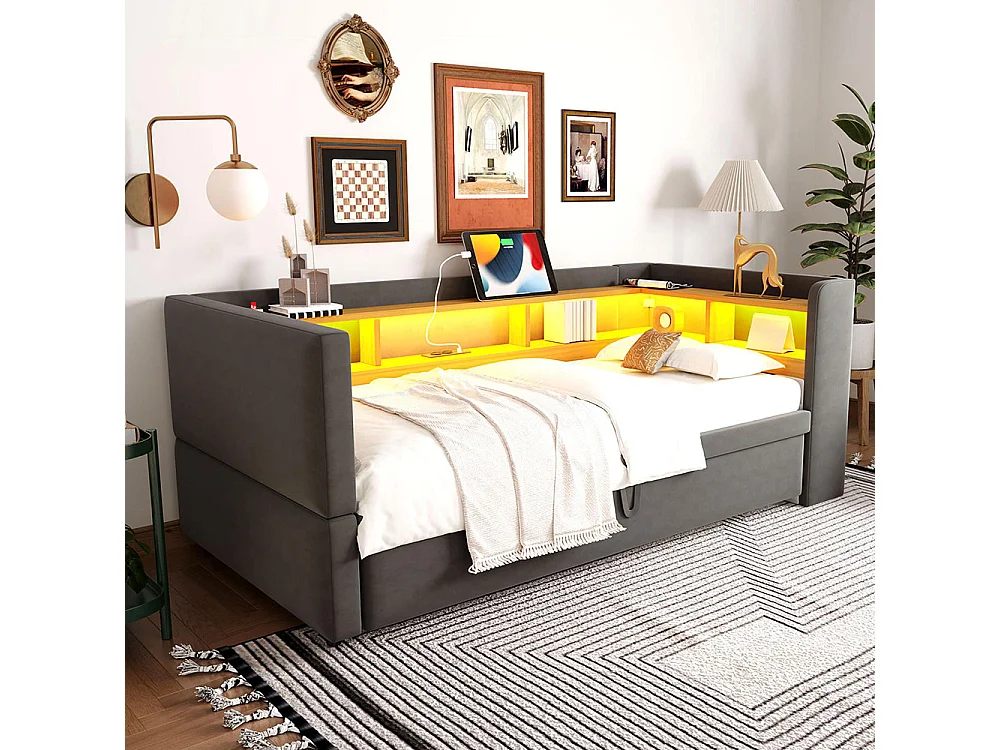 Lit gigogne extensible 90/180×190 équipé de lampes LED de prises de courant et de nombreux compartiments de rangement lit rembourré gris foncé