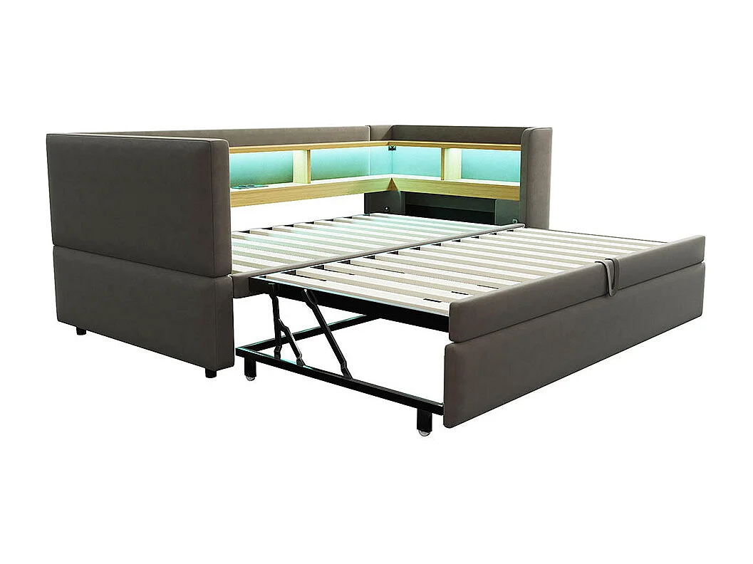 Lit gigogne extensible 90/180×190 équipé de lampes LED de prises de courant et de nombreux compartiments de rangement lit rembourré gris foncé