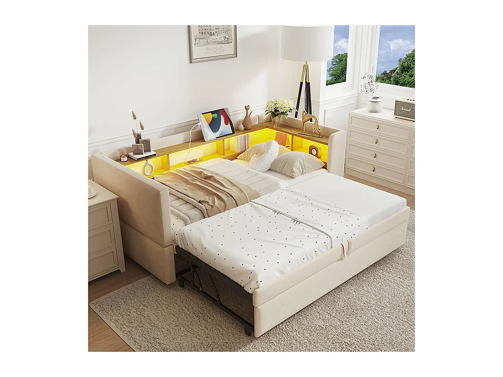 Lit gigogne extensible 90/180×190 équipé de lampes LED de prises de courant et de nombreux compartiments de rangement lit rembourré beige