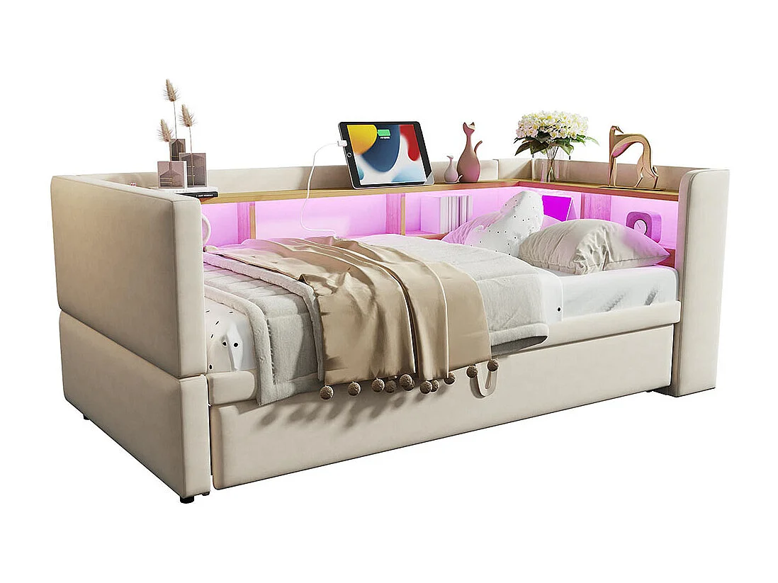 Lit gigogne extensible 90/180×190 équipé de lampes LED de prises de courant et de nombreux compartiments de rangement lit rembourré beige