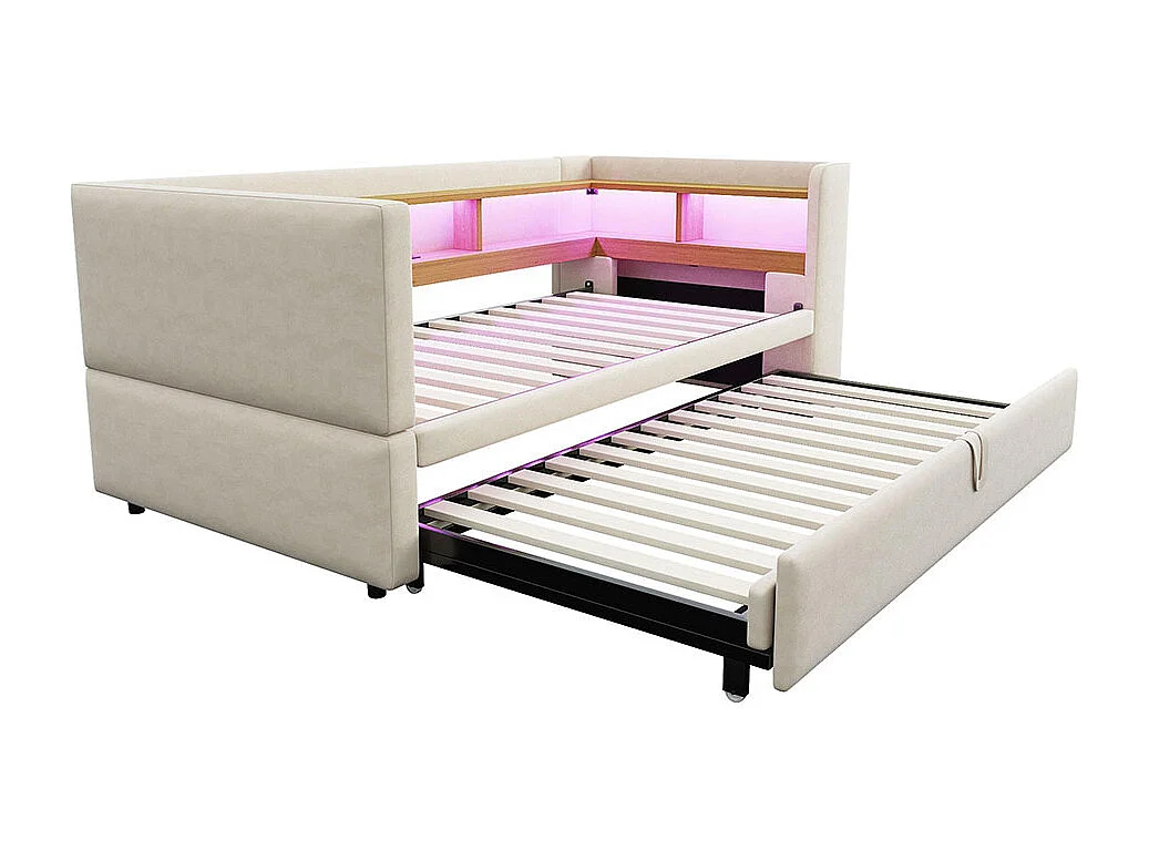 Lit gigogne extensible 90/180×190 équipé de lampes LED de prises de courant et de nombreux compartiments de rangement lit rembourré beige