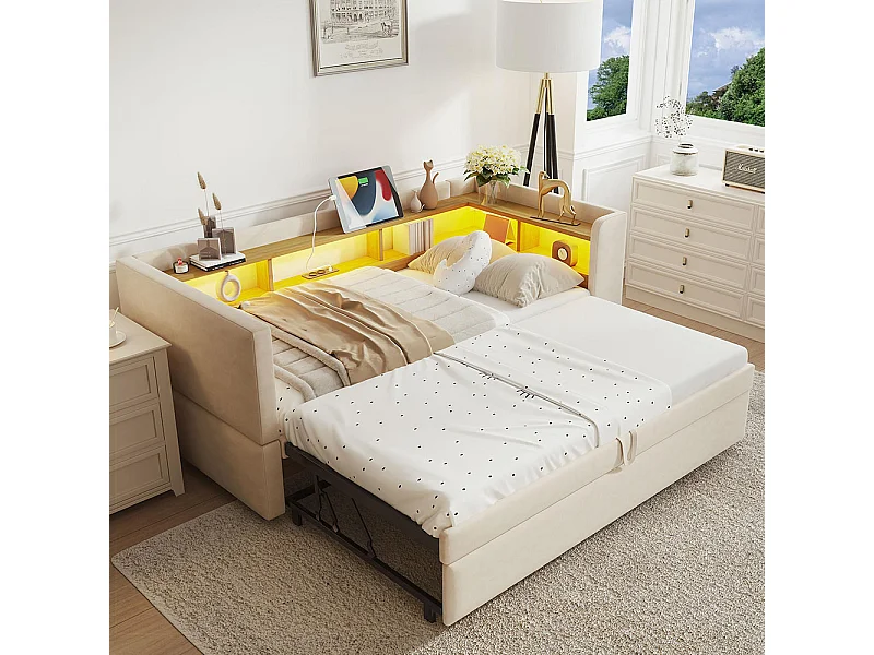 Lit gigogne extensible 90/180×190 équipé de lampes LED de prises de courant et de nombreux compartiments de rangement lit rembourré beige