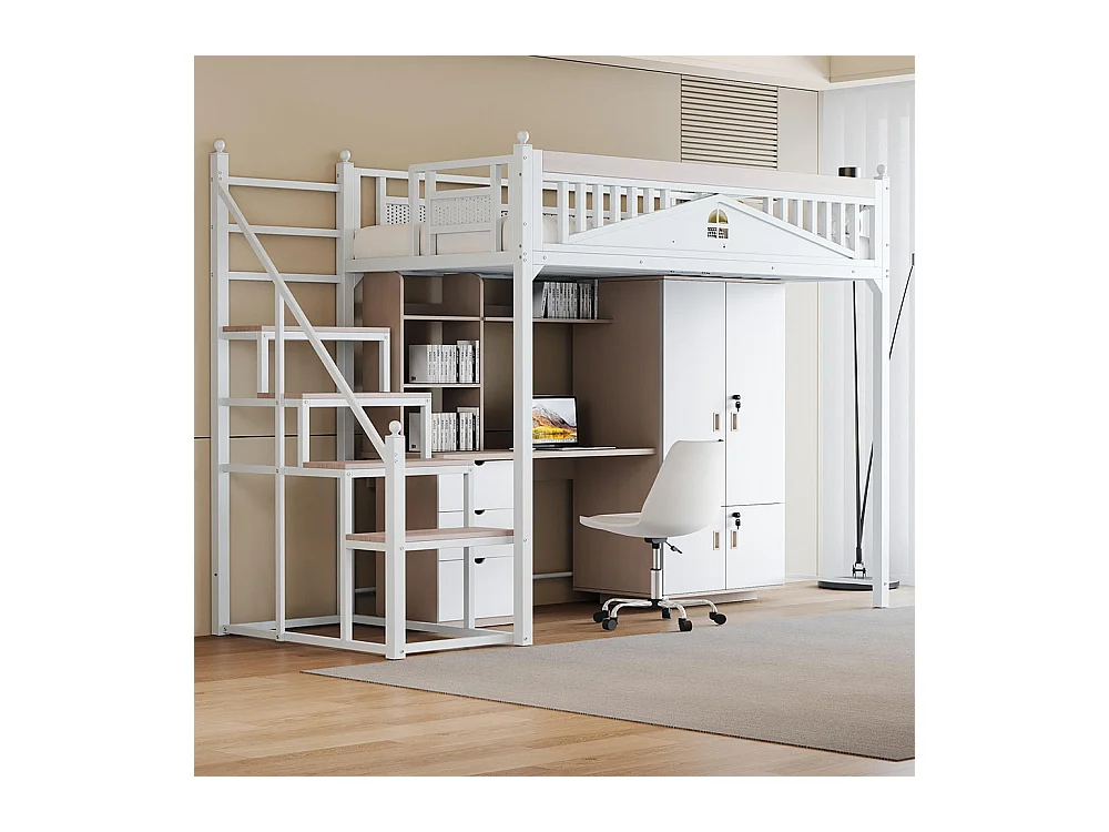 Lit mezzanine en métal 90x200 blanc avec barrière de sécurité design fenêtre échelle de rangement interchangeable gauche droite lit simple compact gain de place