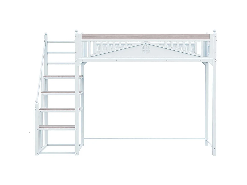 Lit mezzanine en métal 90x200 blanc avec barrière de sécurité design fenêtre échelle de rangement interchangeable gauche droite lit simple compact gain de place