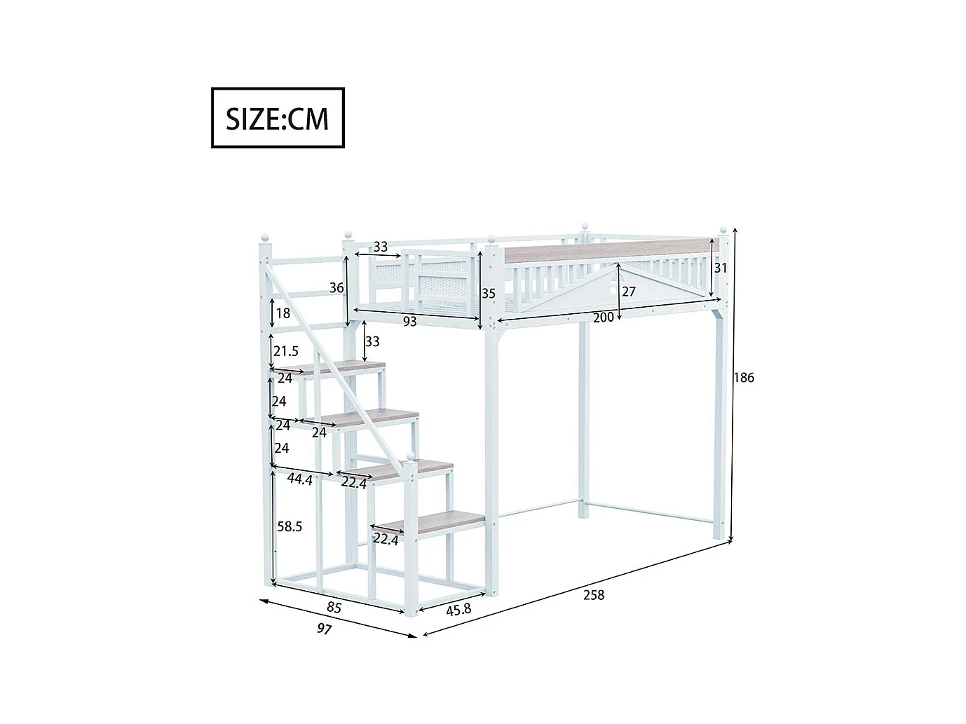 Lit mezzanine en métal 90x200 blanc avec barrière de sécurité design fenêtre échelle de rangement interchangeable gauche droite lit simple compact gain de place