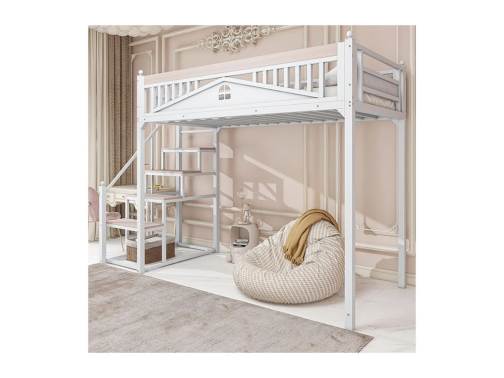 Lit mezzanine en métal 90x200 blanc avec barrière de sécurité design fenêtre échelle de rangement interchangeable gauche droite lit simple compact gain de place