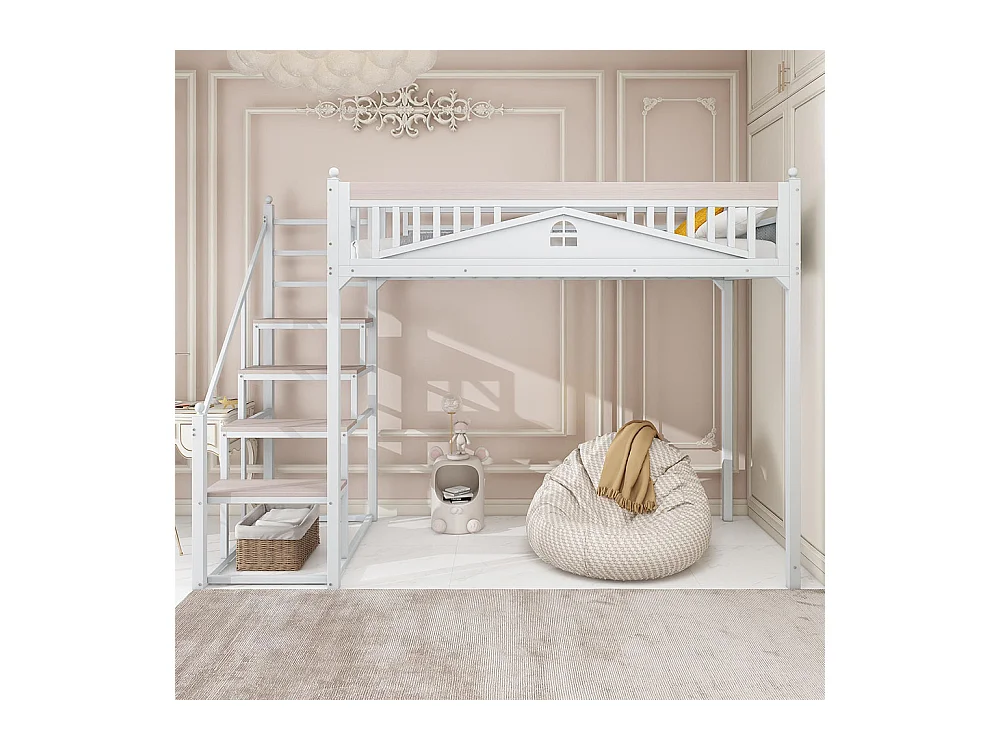 Lit mezzanine en métal 90x200 blanc avec barrière de sécurité design fenêtre échelle de rangement interchangeable gauche droite lit simple compact gain de place
