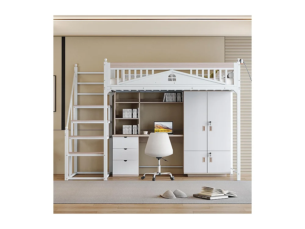 Lit mezzanine en métal 90x200 blanc avec barrière de sécurité design fenêtre échelle de rangement interchangeable gauche droite lit simple compact gain de place