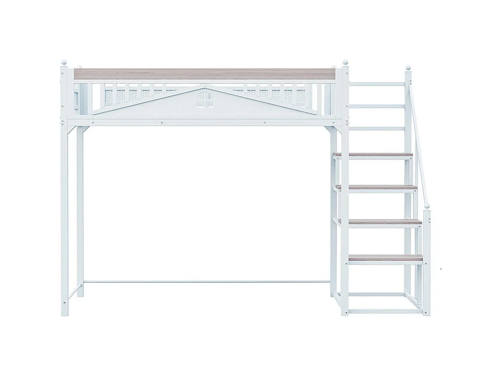 Lit mezzanine en métal 90x200 blanc avec barrière de sécurité design fenêtre échelle de rangement interchangeable gauche droite lit simple compact gain de place