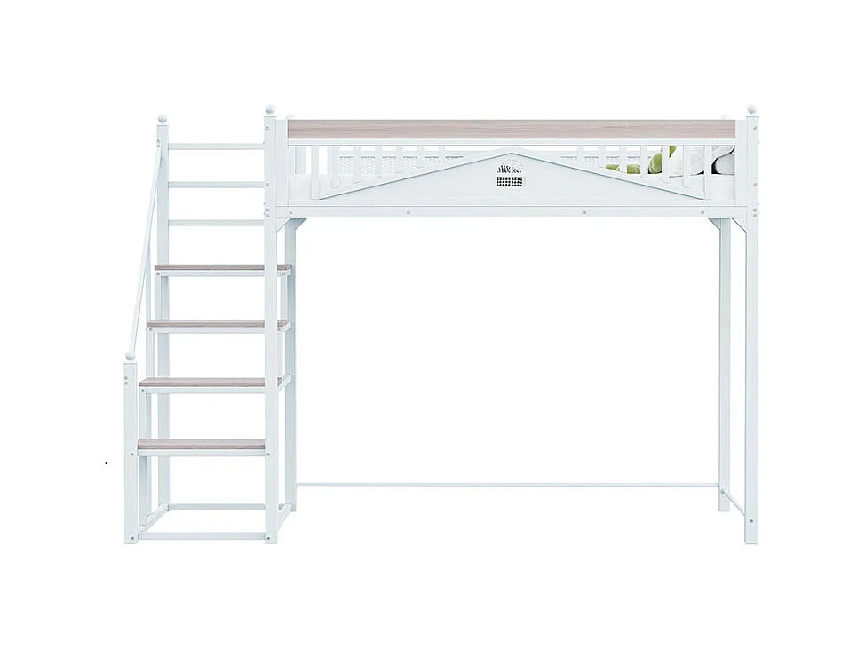 Lit mezzanine en métal 90x200 blanc avec barrière de sécurité design fenêtre échelle de rangement interchangeable gauche droite lit simple compact gain de place