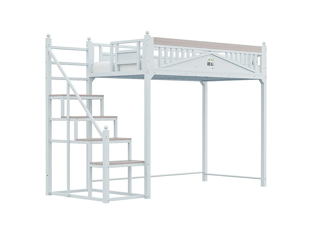 Lit mezzanine en métal 90x200 blanc avec barrière de sécurité design fenêtre échelle de rangement interchangeable gauche droite lit simple compact gain de place