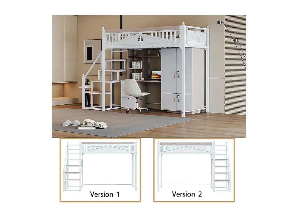 Lit mezzanine en métal 90x200 blanc avec barrière de sécurité design fenêtre échelle de rangement interchangeable gauche droite lit simple compact gain de place