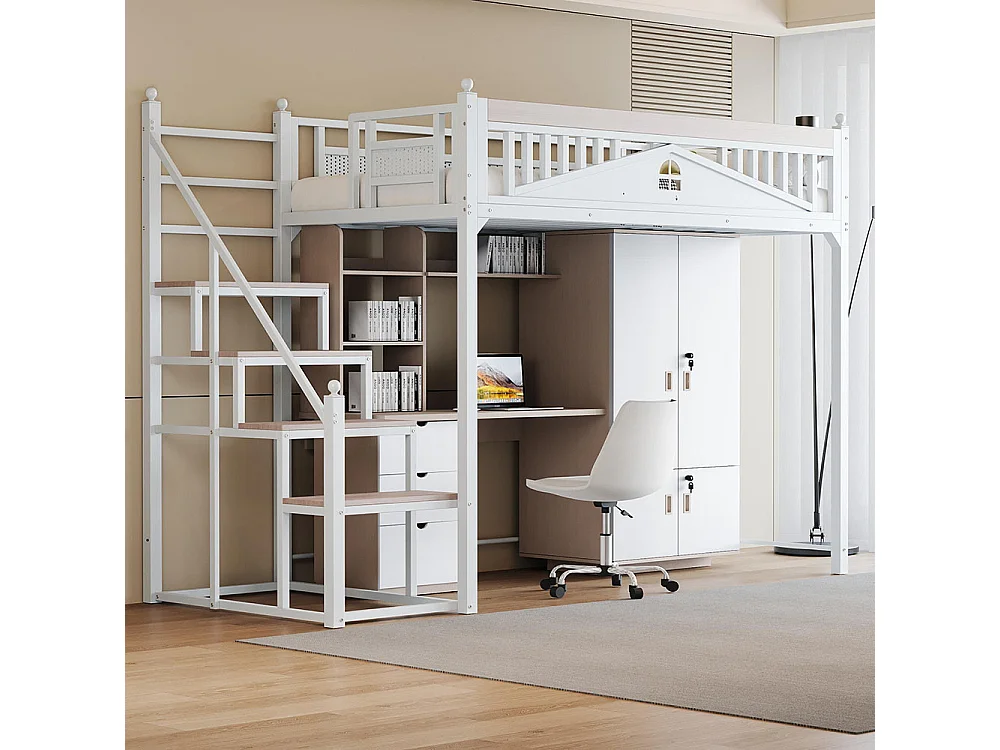 Lit mezzanine en métal 90x200 blanc avec barrière de sécurité design fenêtre échelle de rangement interchangeable gauche droite lit simple compact gain de place
