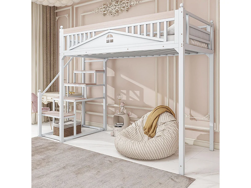 Lit mezzanine en métal 90x200 blanc avec barrière de sécurité design fenêtre échelle de rangement interchangeable gauche droite lit simple compact gain de place