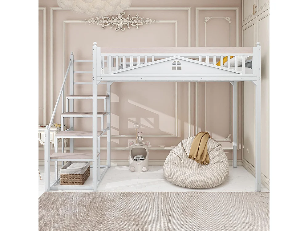 Lit mezzanine en métal 90x200 blanc avec barrière de sécurité design fenêtre échelle de rangement interchangeable gauche droite lit simple compact gain de place