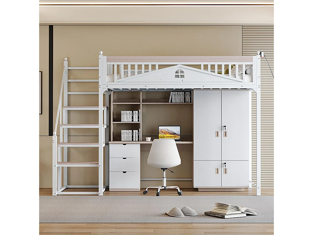 Lit mezzanine en métal 90x200 blanc avec barrière de sécurité design fenêtre échelle de rangement interchangeable gauche droite lit simple compact gain de place