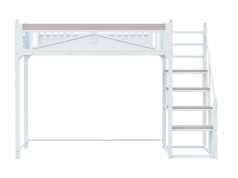 Lit mezzanine en métal 90x200 blanc avec barrière de sécurité design fenêtre échelle de rangement interchangeable gauche droite lit simple compact gain de place