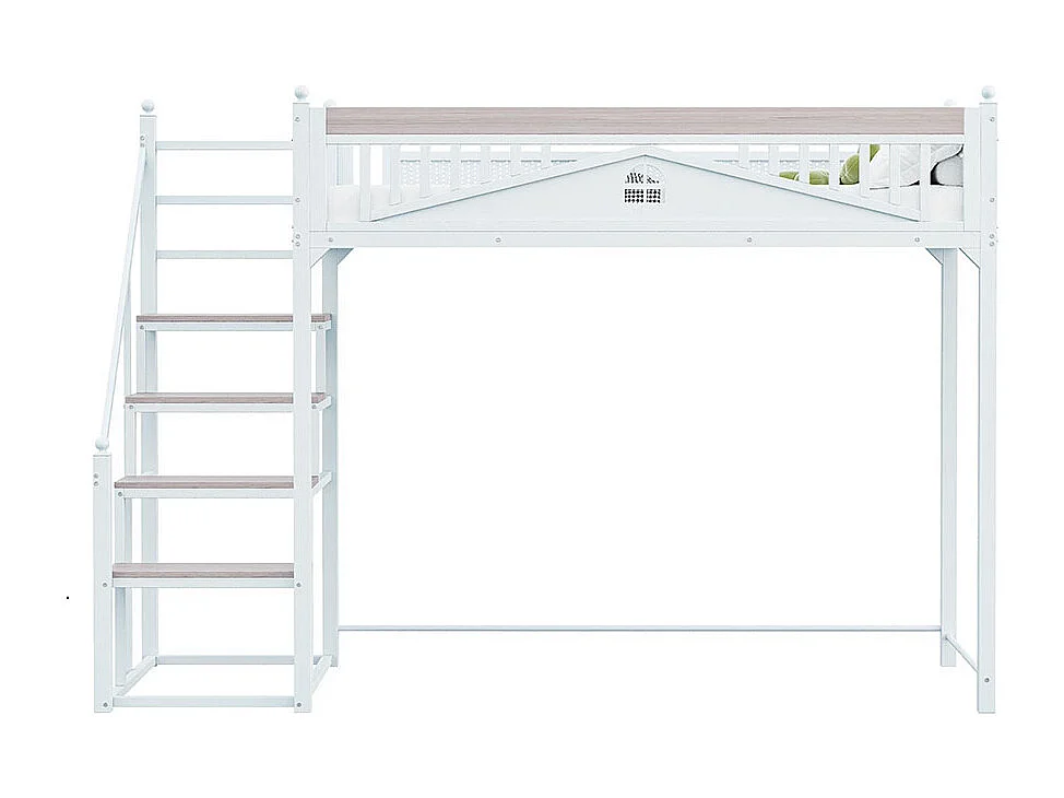 Lit mezzanine en métal 90x200 blanc avec barrière de sécurité design fenêtre échelle de rangement interchangeable gauche droite lit simple compact gain de place
