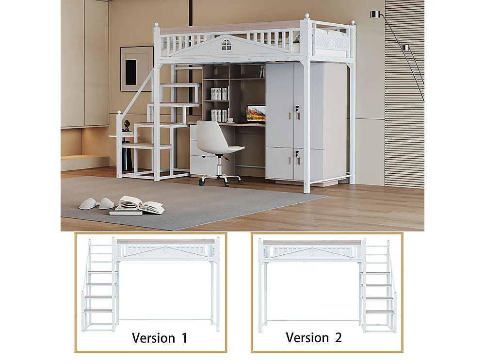 Lit mezzanine en métal 90x200 blanc avec barrière de sécurité design fenêtre échelle de rangement interchangeable gauche droite lit simple compact gain de place
