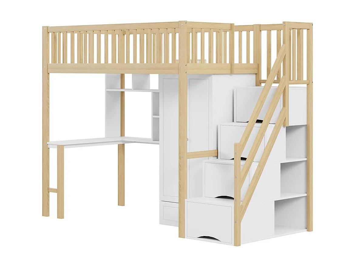 Lit mezzanine 90x200 avec grande armoire étagère et table espace de rangement escalier lit polyvalent blanc+naturel