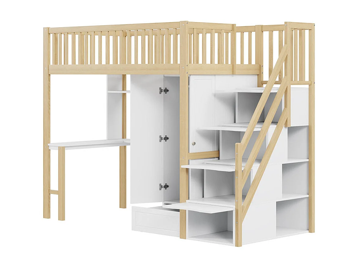 Lit mezzanine 90x200 avec grande armoire étagère et table espace de rangement escalier lit polyvalent blanc+naturel