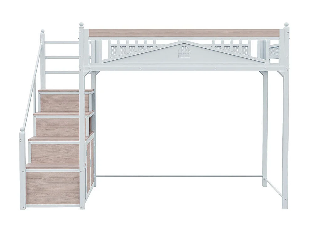Lit mezzanine en métal 90x200 avec clôture sécurité à boule design fenêtre échelle de grimpe avec casiers bois interchangeable gauche droite gain de place