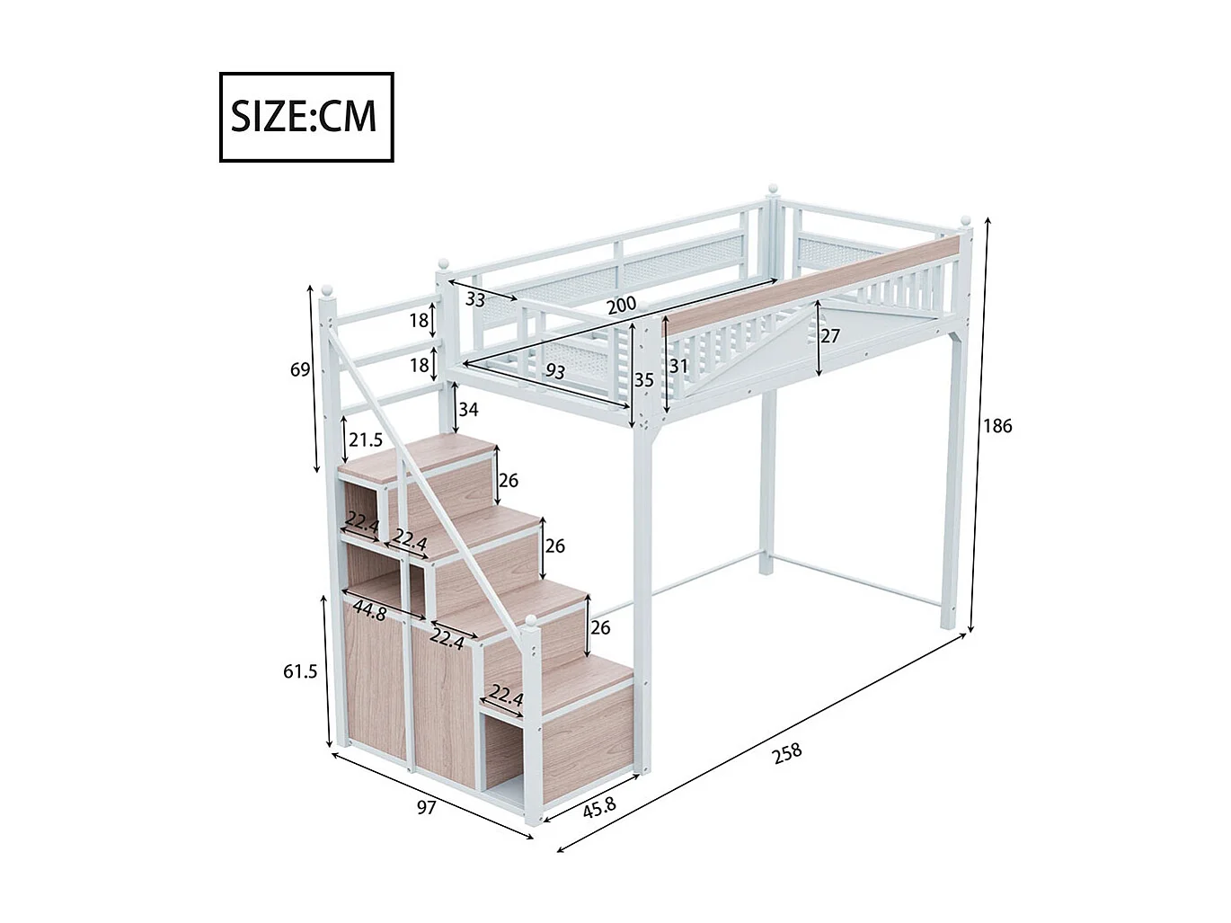 Lit mezzanine en métal 90x200 avec clôture sécurité à boule design fenêtre échelle de grimpe avec casiers bois interchangeable gauche droite gain de place