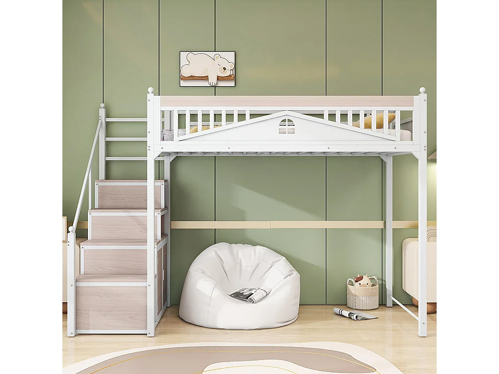 Lit mezzanine en métal 90x200 avec clôture sécurité à boule design fenêtre échelle de grimpe avec casiers bois interchangeable gauche droite gain de place