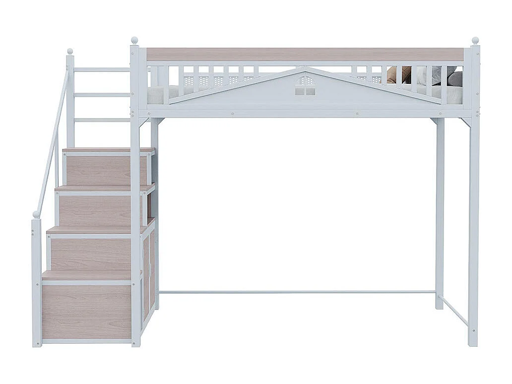 Lit mezzanine en métal 90x200 avec clôture sécurité à boule design fenêtre échelle de grimpe avec casiers bois interchangeable gauche droite gain de place