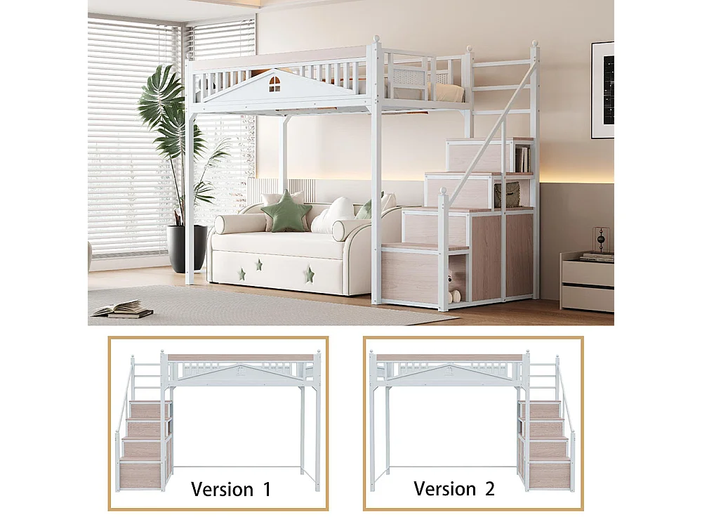 Lit mezzanine en métal 90x200 avec clôture sécurité à boule design fenêtre échelle de grimpe avec casiers bois interchangeable gauche droite gain de place