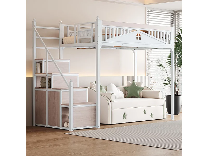 Lit mezzanine en métal 90x200 avec clôture sécurité à boule design fenêtre échelle de grimpe avec casiers bois interchangeable gauche droite gain de place