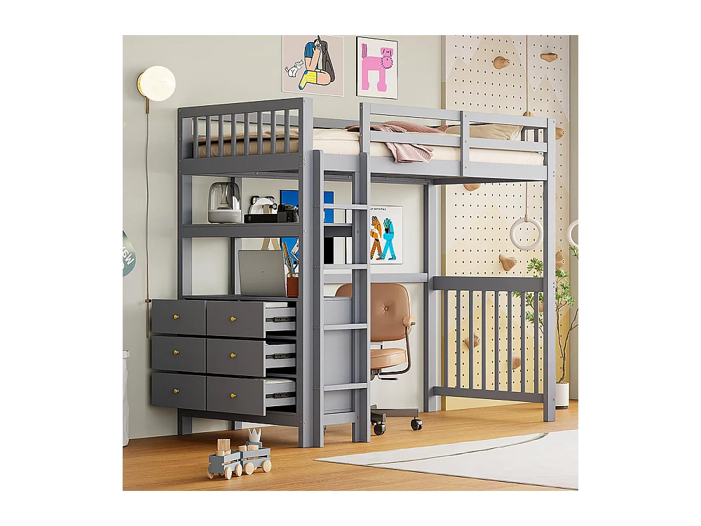 Lit mezzanine 90×200 échelle de sécurité verticale tiroirs et étagères clôture design haute sommier à lattes lit simple en pin gris