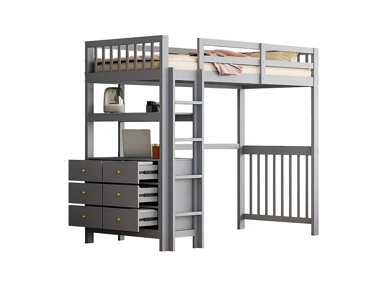 Lit mezzanine 90×200 échelle de sécurité verticale tiroirs et étagères clôture design haute sommier à lattes lit simple en pin gris