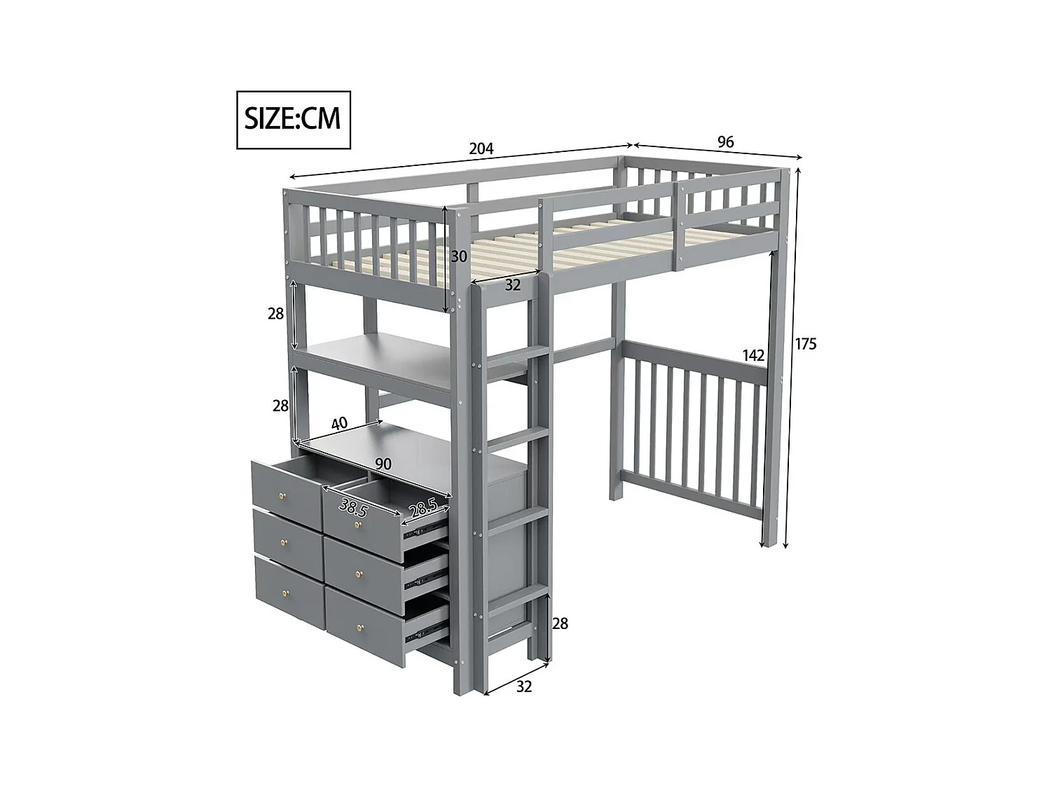 Lit mezzanine 90×200 échelle de sécurité verticale tiroirs et étagères clôture design haute sommier à lattes lit simple en pin gris