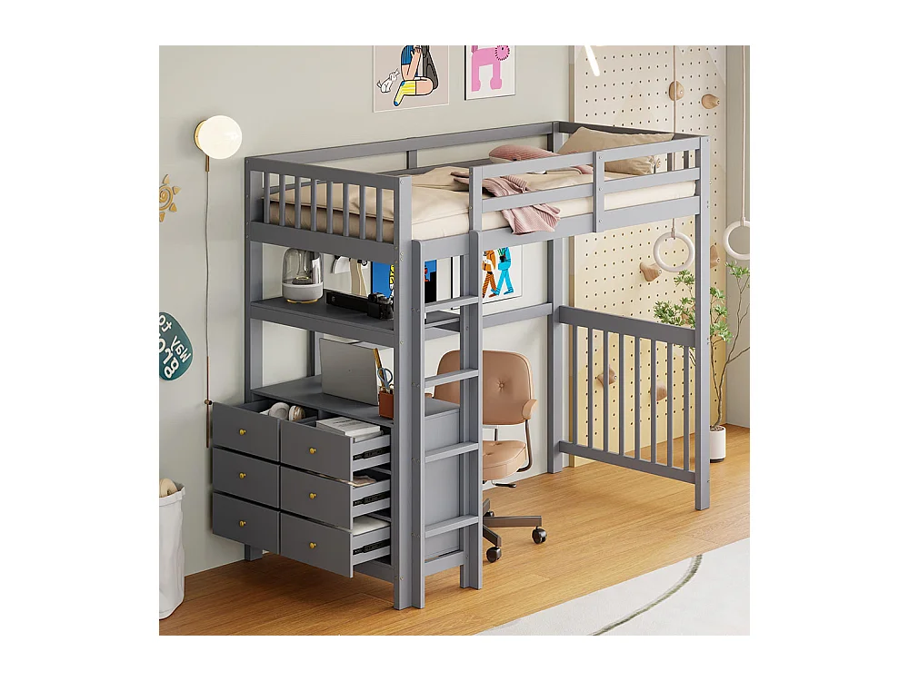 Lit mezzanine 90×200 échelle de sécurité verticale tiroirs et étagères clôture design haute sommier à lattes lit simple en pin gris