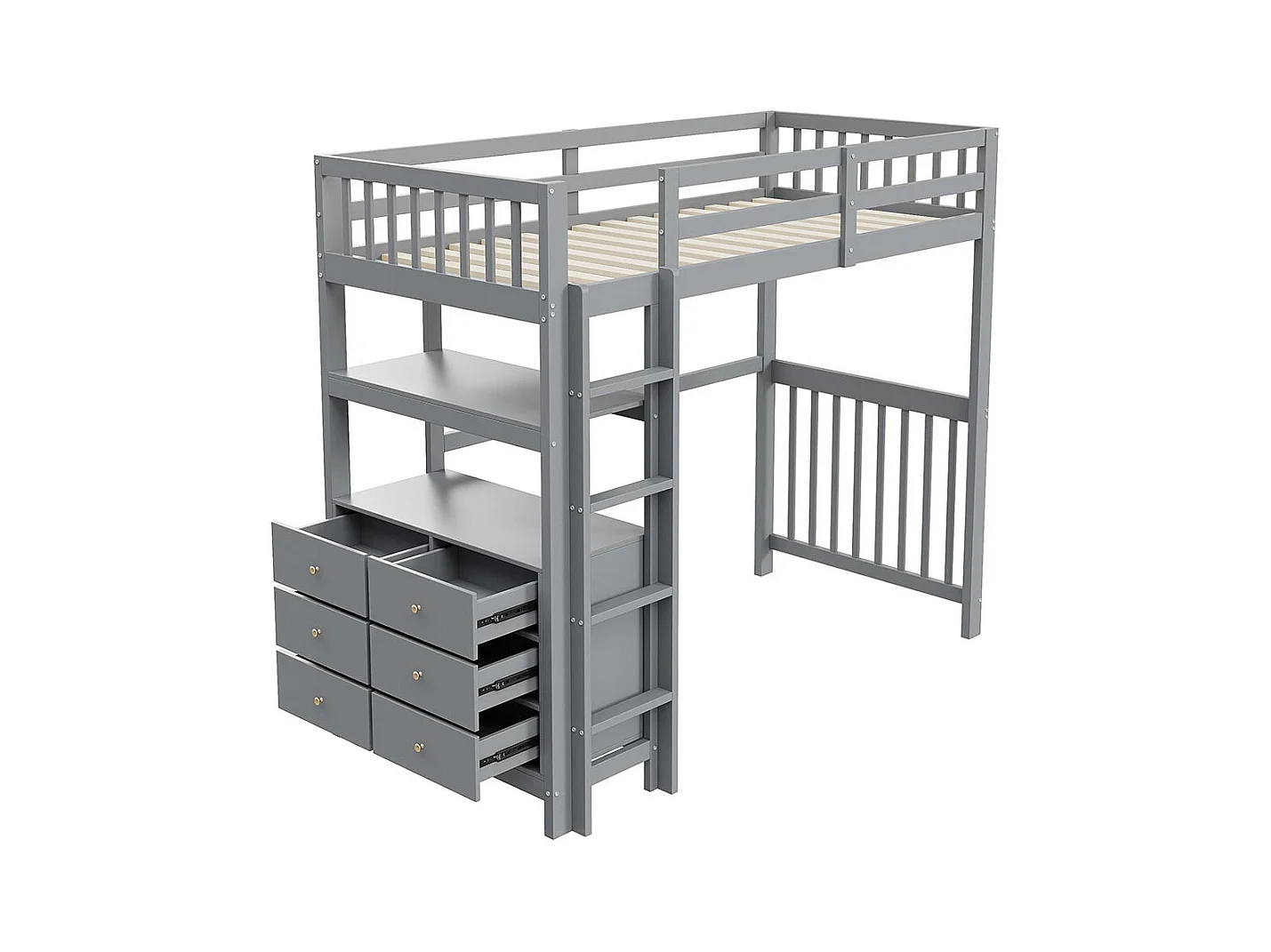 Lit mezzanine 90×200 échelle de sécurité verticale tiroirs et étagères clôture design haute sommier à lattes lit simple en pin gris