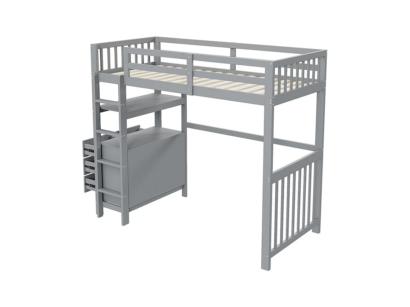 Lit mezzanine 90×200 échelle de sécurité verticale tiroirs et étagères clôture design haute sommier à lattes lit simple en pin gris