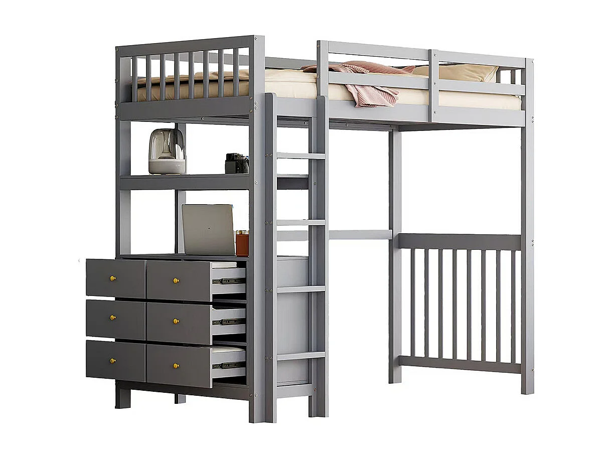 Lit mezzanine 90×200 échelle de sécurité verticale tiroirs et étagères clôture design haute sommier à lattes lit simple en pin gris