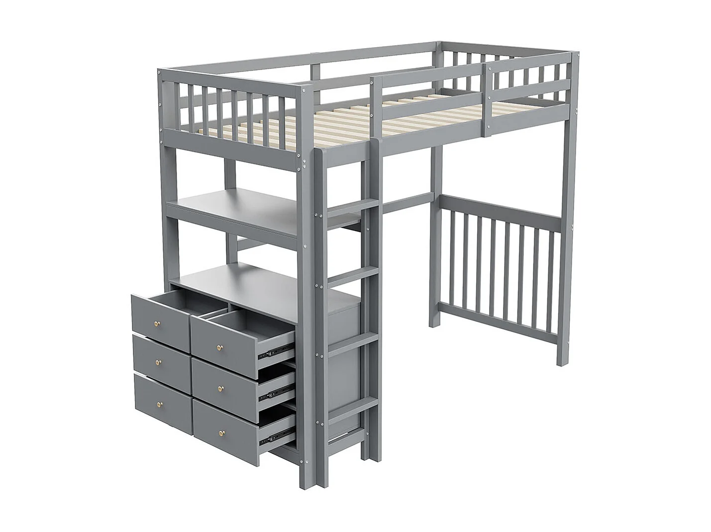 Lit mezzanine 90×200 échelle de sécurité verticale tiroirs et étagères clôture design haute sommier à lattes lit simple en pin gris