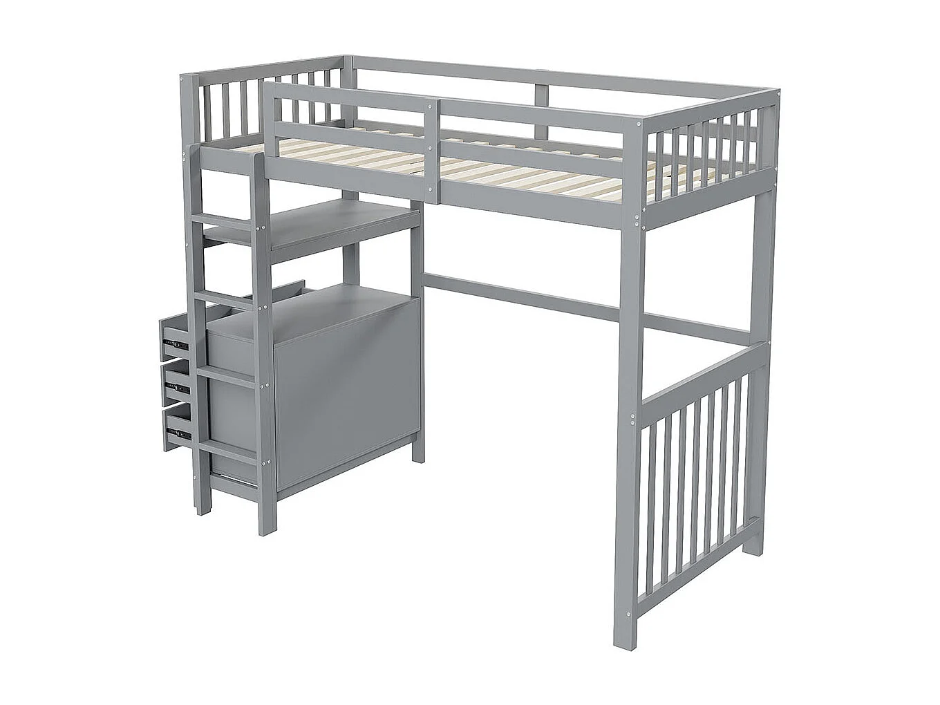 Lit mezzanine 90×200 échelle de sécurité verticale tiroirs et étagères clôture design haute sommier à lattes lit simple en pin gris