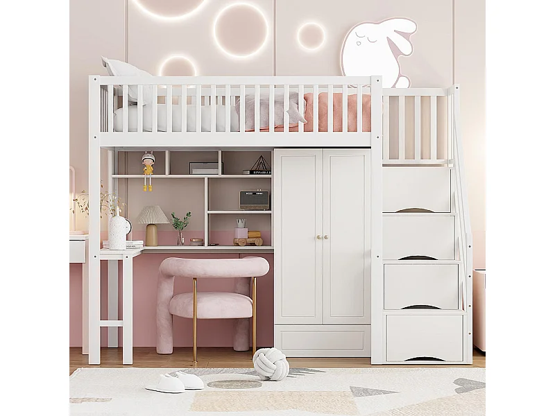 Lit mezzanine 90x200 avec grande armoire étagère et table espace de rangement escalier lit polyvalent blanc
