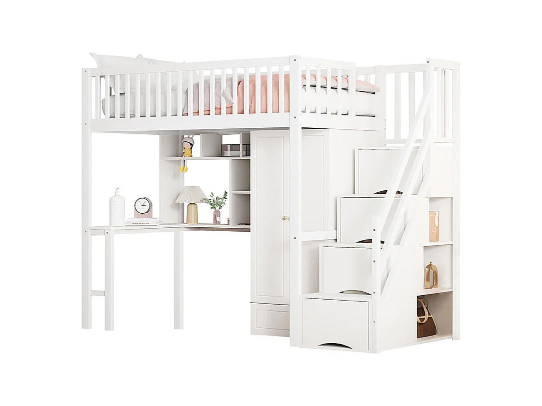 Lit mezzanine 90x200 avec grande armoire étagère et table espace de rangement escalier lit polyvalent blanc