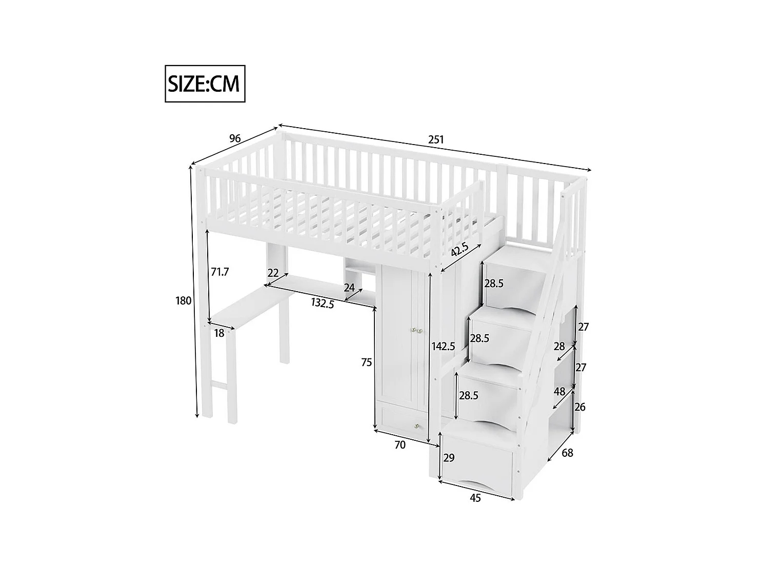 Lit mezzanine 90x200 avec grande armoire étagère et table espace de rangement escalier lit polyvalent blanc