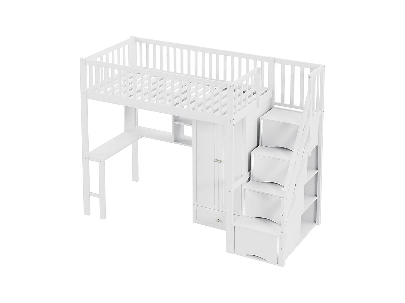 Lit mezzanine 90x200 avec grande armoire étagère et table espace de rangement escalier lit polyvalent blanc