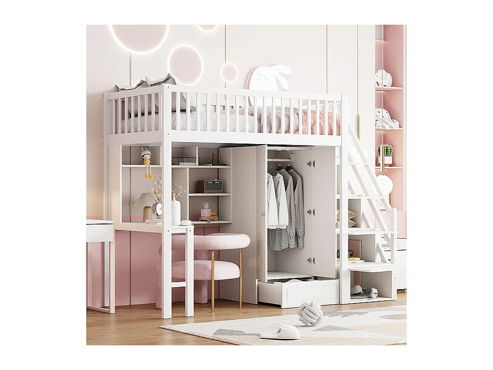 Lit mezzanine 90x200 avec grande armoire étagère et table espace de rangement escalier lit polyvalent blanc