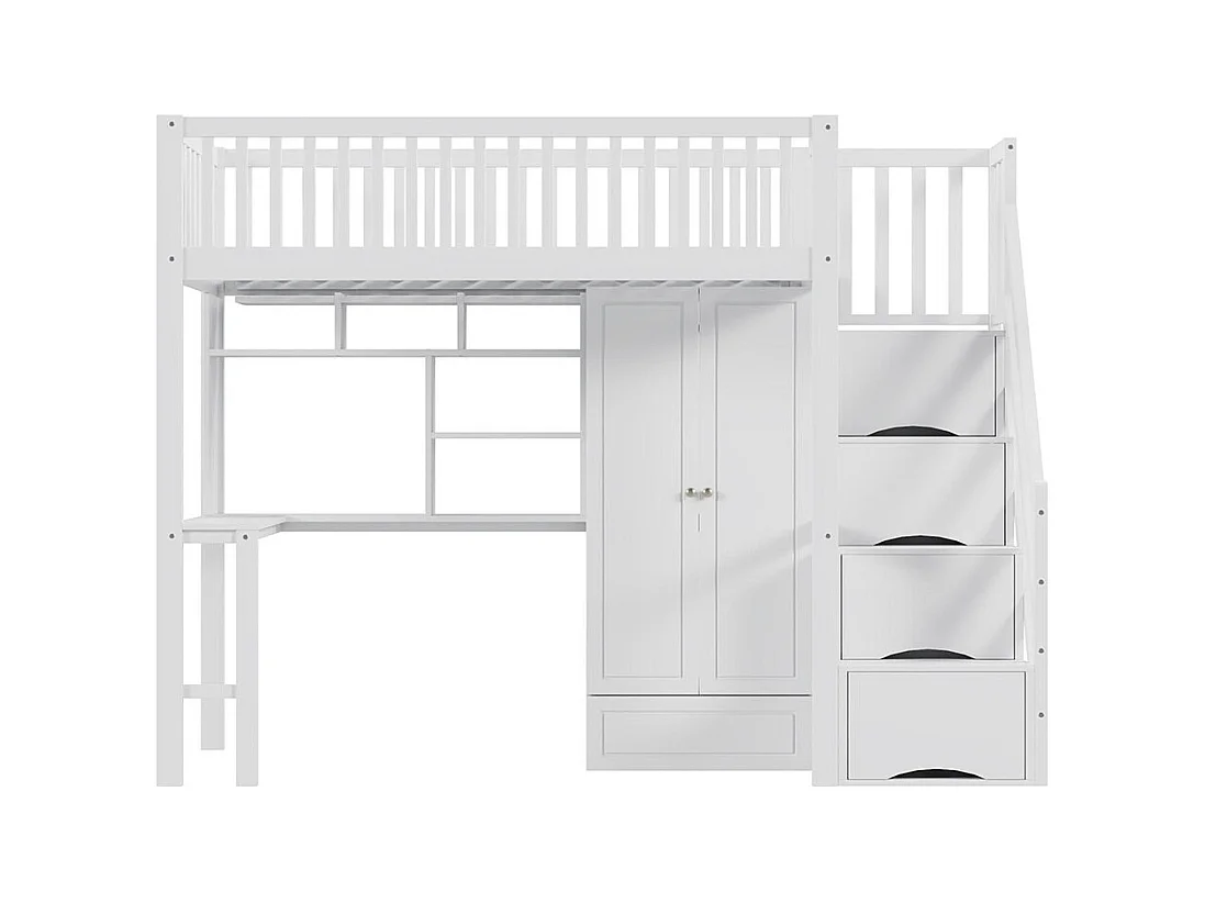 Lit mezzanine 90x200 avec grande armoire étagère et table espace de rangement escalier lit polyvalent blanc