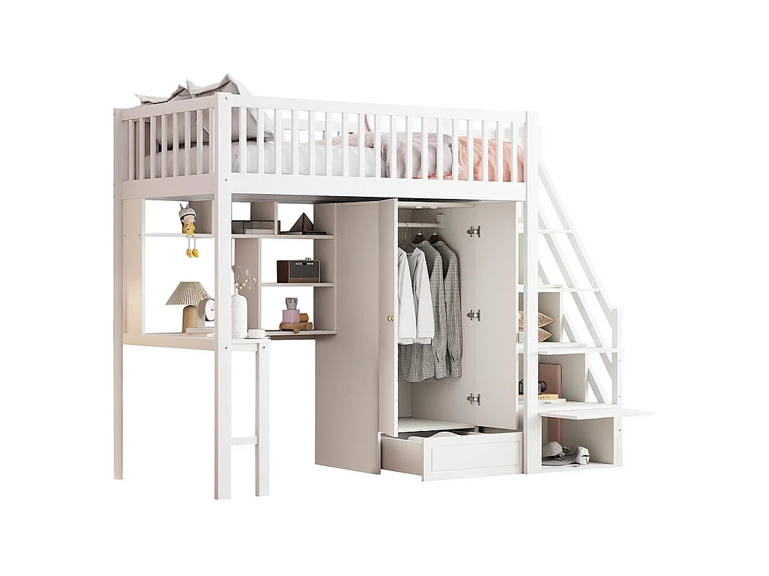 Lit mezzanine 90x200 avec grande armoire étagère et table espace de rangement escalier lit polyvalent blanc