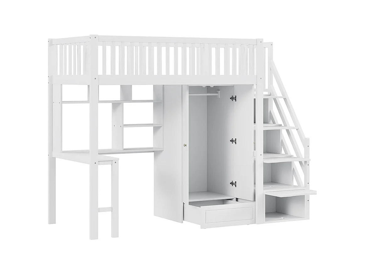 Lit mezzanine 90x200 avec grande armoire étagère et table espace de rangement escalier lit polyvalent blanc