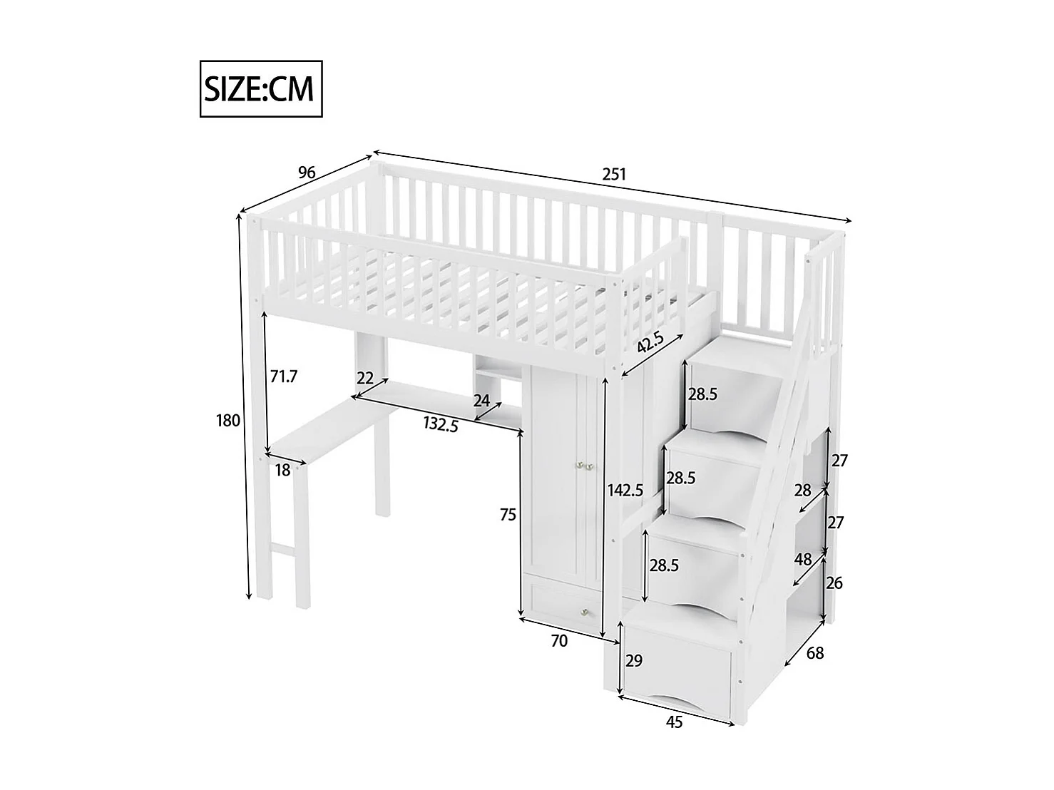 Lit mezzanine 90x200 avec grande armoire étagère et table espace de rangement escalier lit polyvalent blanc
