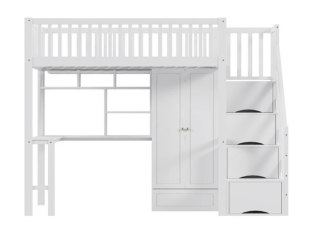 Lit mezzanine 90x200 avec grande armoire étagère et table espace de rangement escalier lit polyvalent blanc